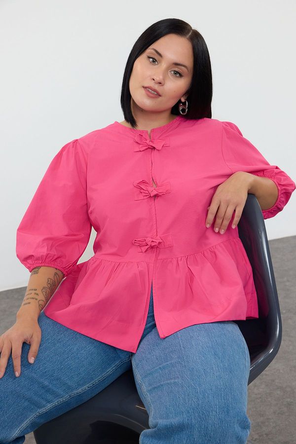 Trendyol Trendyol Curve Pink Women's Bowknot Woven Plus Size Blouse