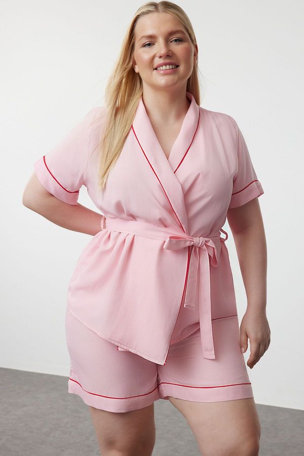 Trendyol Trendyol Curve Pink Woven Pajama Set with Binding and Piping Detail