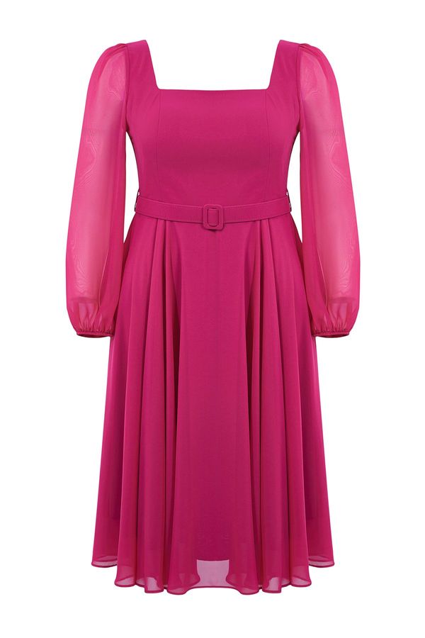 Trendyol Trendyol Curve Plum Belted Square Neckline Long Balloon Sleeve Chiffon A-Line Plus Size Evening Dress