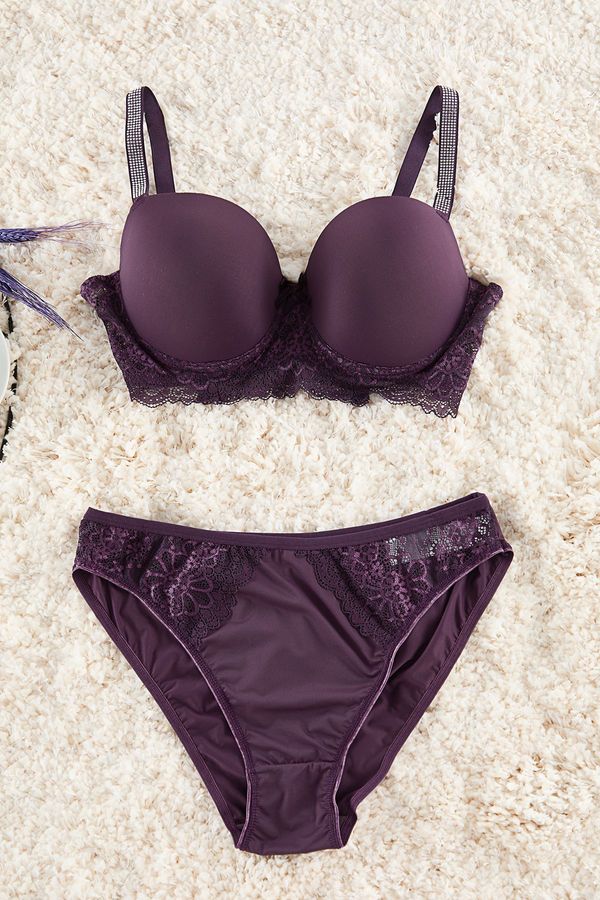 Trendyol Trendyol Curve Plum Lace Stoned Soft Underwear Sets