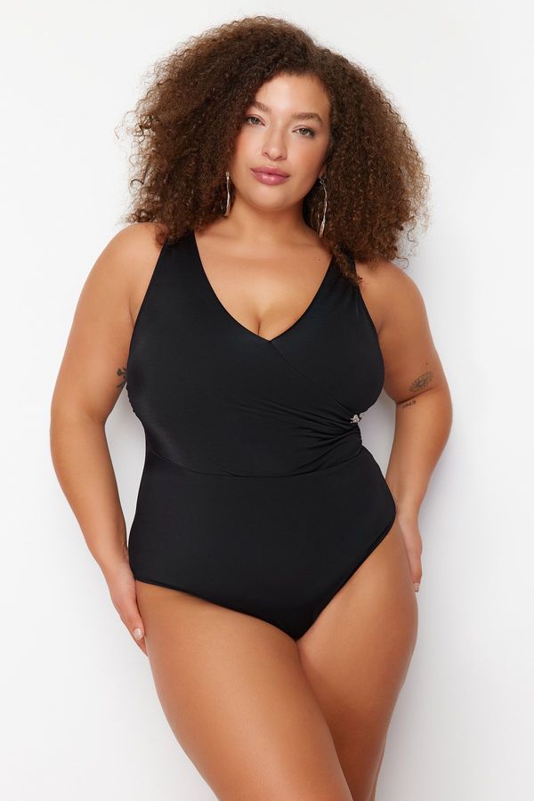 Trendyol Trendyol Curve Plus Size Covered Covered Sleeveless Double Breasted Neck Black Double Breasted Covered Covered Swimsuit With a Smoothing Effect