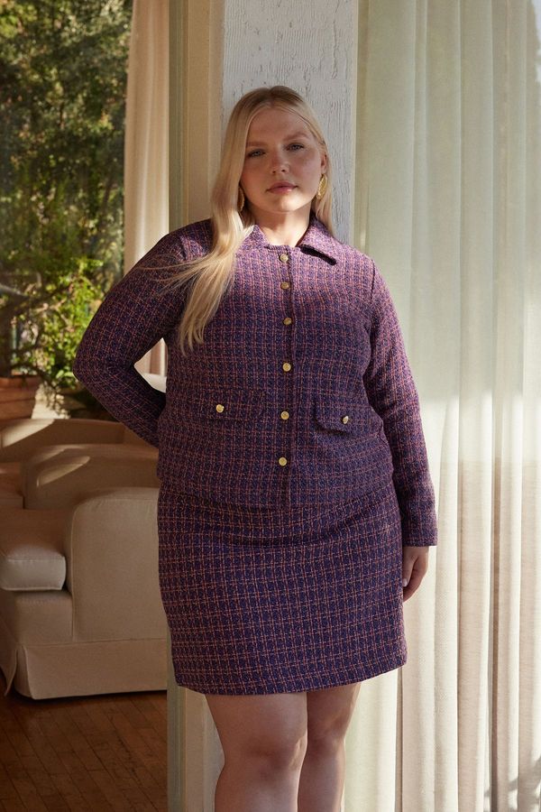 Trendyol Trendyol Curve Purple Buttoned Plaid/Checked Tweed Woven Plus Size Women's Jacket
