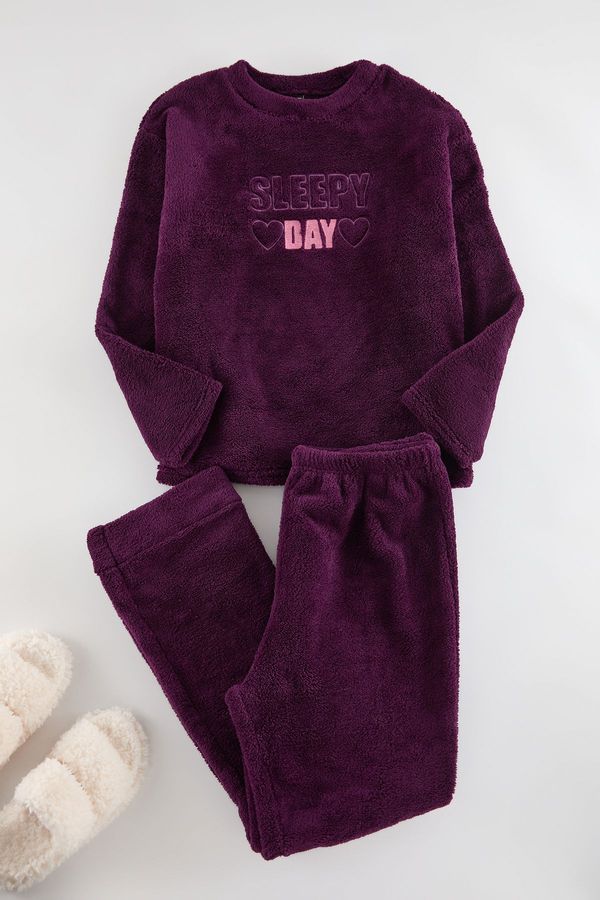 Trendyol Trendyol Curve Purple Slogan and Heart Plush/Wellsoft Knitted Pajama Set