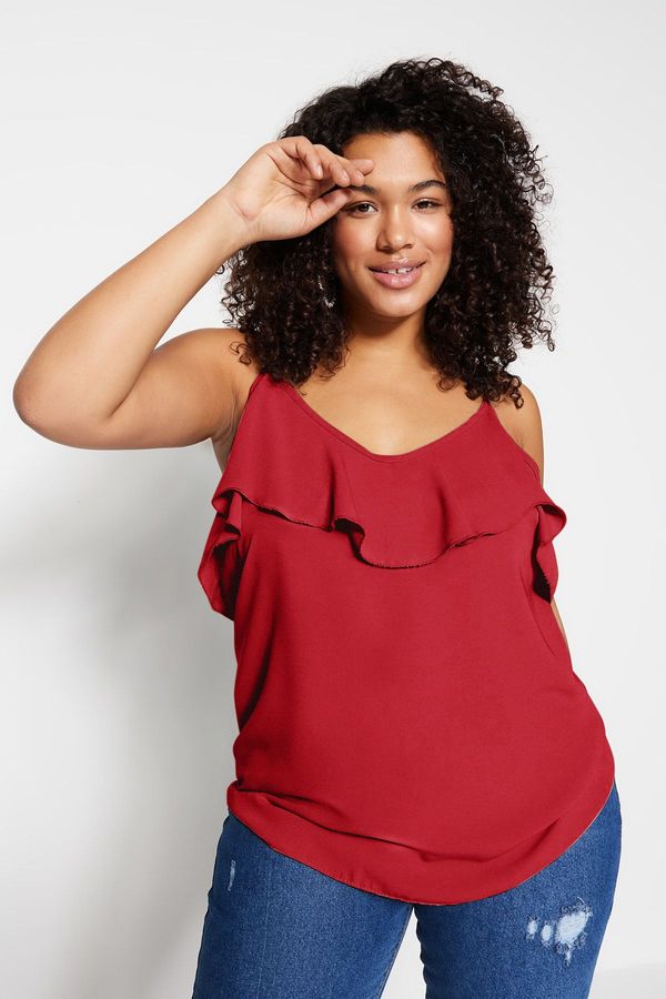 Trendyol Trendyol Curve Red Adjustable Strap Woven Flounce Collar Plus Size Blouse