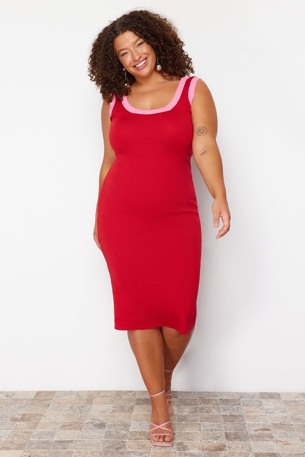 Trendyol Trendyol Curve Red Collar Striped Detailed Midi Length Knitwear Dress