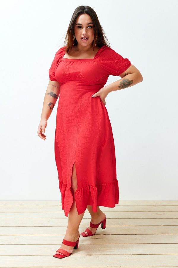 Trendyol Trendyol Curve Red Crew Neck Skirt Ruffle Woven Dress