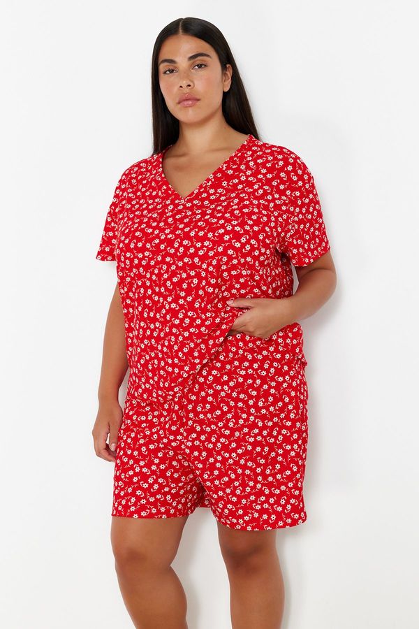 Trendyol Trendyol Curve Red Flower Patterned V-Neck Knitted Pajama Set