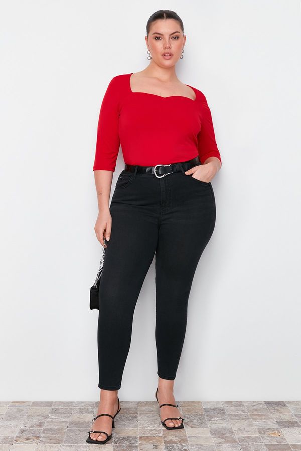 Trendyol Trendyol Curve Red Heart Neck Fitted Knitted Blouse