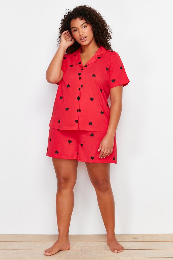 Trendyol Trendyol Curve Red Heart Print Shirt Collar Knitted Pajamas Set