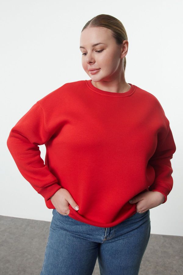 Trendyol Trendyol Curve Red Oversize/Relaxed Fit Basic Crew Neck Thick/Polar Inside Knitted Sweatshirt