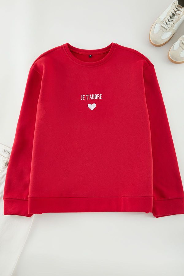 Trendyol Trendyol Curve Red Polar Fleece Embroidered Regular/Normal Pattern Crew Neck Knitted Sweatshirt