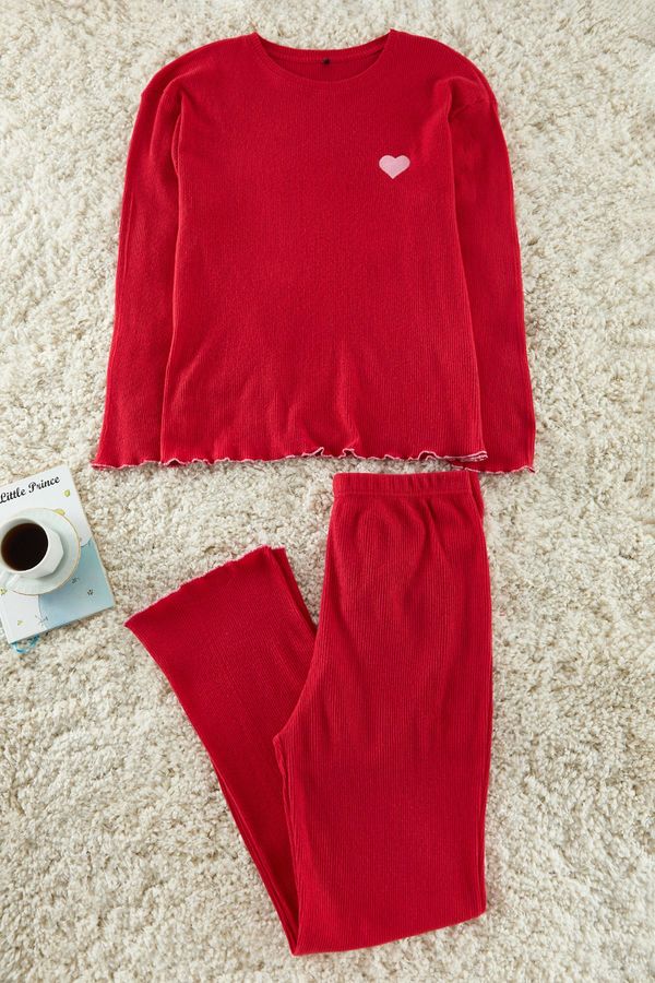 Trendyol Trendyol Curve Red Ribbed Printed Knitted Pajama Set