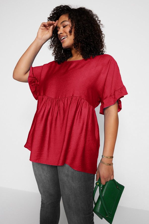 Trendyol Trendyol Curve Red Short Sleeve Woven Flounce Plus Size Blouse