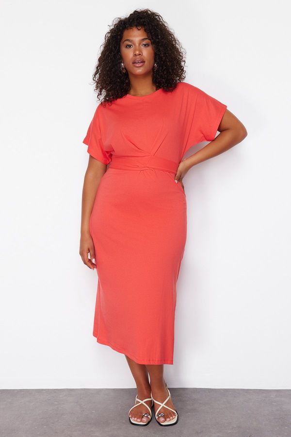 Trendyol Trendyol Curve Red Straight Cut and Slit Knitted Dress with Tie Detail