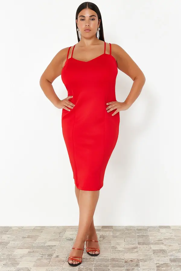 Trendyol Trendyol Curve Red Sweetheart Collar Strap Summer Knitted Dress