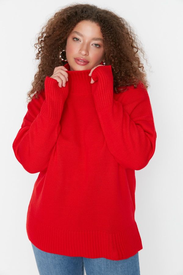 Trendyol Trendyol Curve Red Turtleneck Off Shoulder Knitwear Sweater