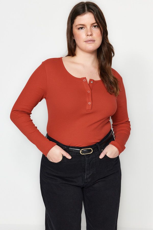 Trendyol Trendyol Curve Red U Neck Snap Detailed Knitted Crop Blouse