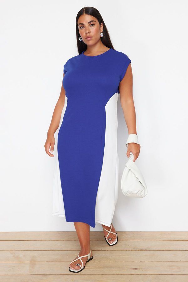 Trendyol Trendyol Curve Saks-Ecru Color Block Midi Crepe Knitted Plus Size Dress