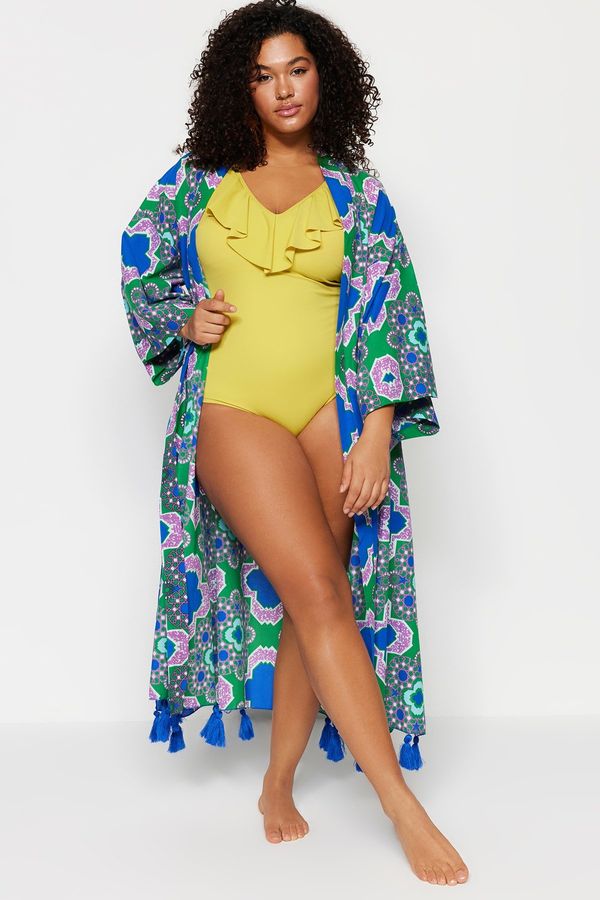 Trendyol Trendyol Curve Saxe-Based Woven Kimono with Tassel Detail Belt