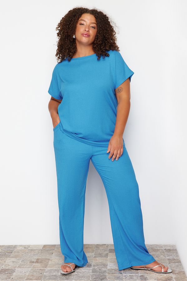 Trendyol Trendyol Curve Saxe T-shirt-Pants Knitted Two Piece Set