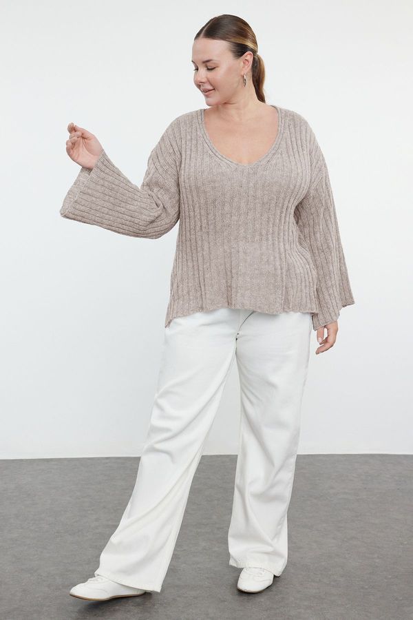 Trendyol Trendyol Curve Stone V Neck Ribbed Knitwear Sweater