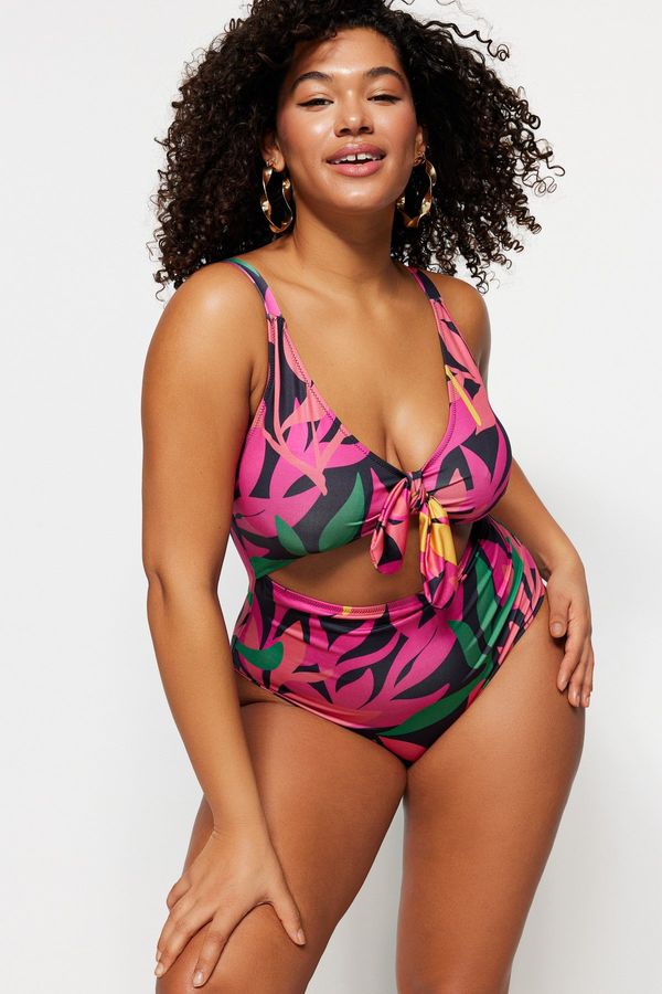 Trendyol Trendyol Curve Tropical Patterned Tie Detail Swimsuit