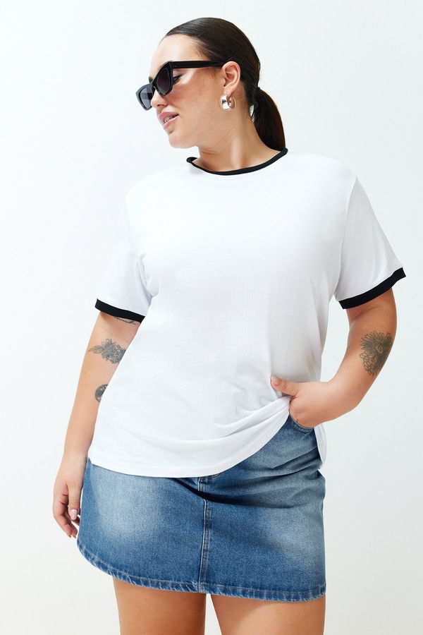 Trendyol Trendyol Curve White Color Block Detailed Boyfriend 100% Cotton Knitted T-shirt