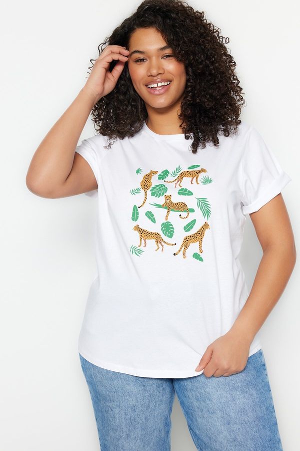 Trendyol Trendyol Curve White Crew Neck Animal Printed Knitted T-Shirt