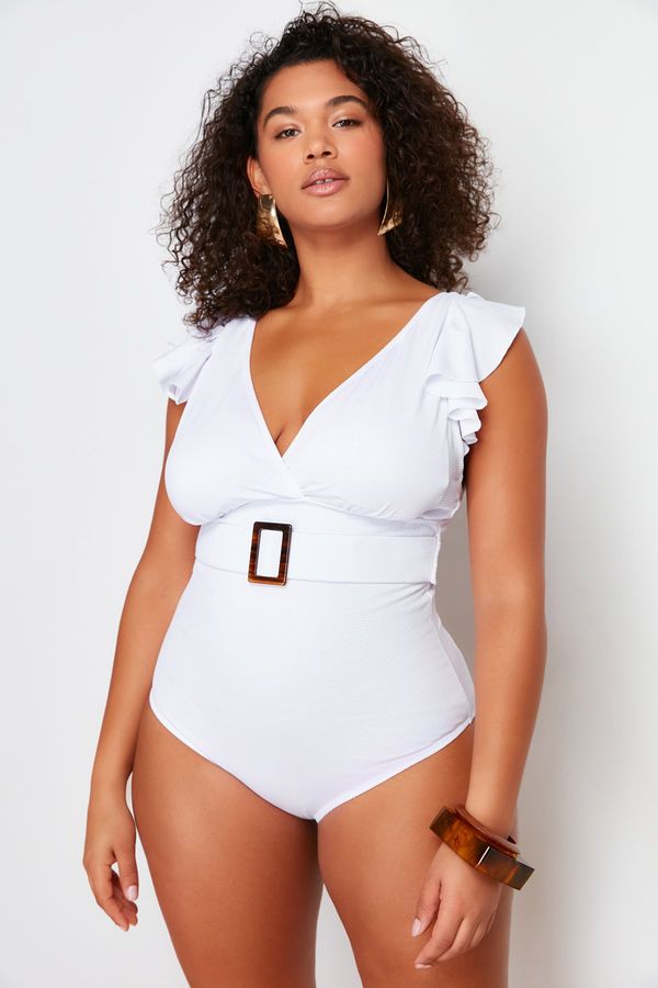 Trendyol Trendyol Curve White Deep V-Belt Gathering Effect Bridal Knitted Swimsuit