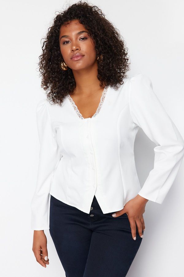 Trendyol Trendyol Curve White Lace V-Neck Buttoned Plus Size Woven Blouse