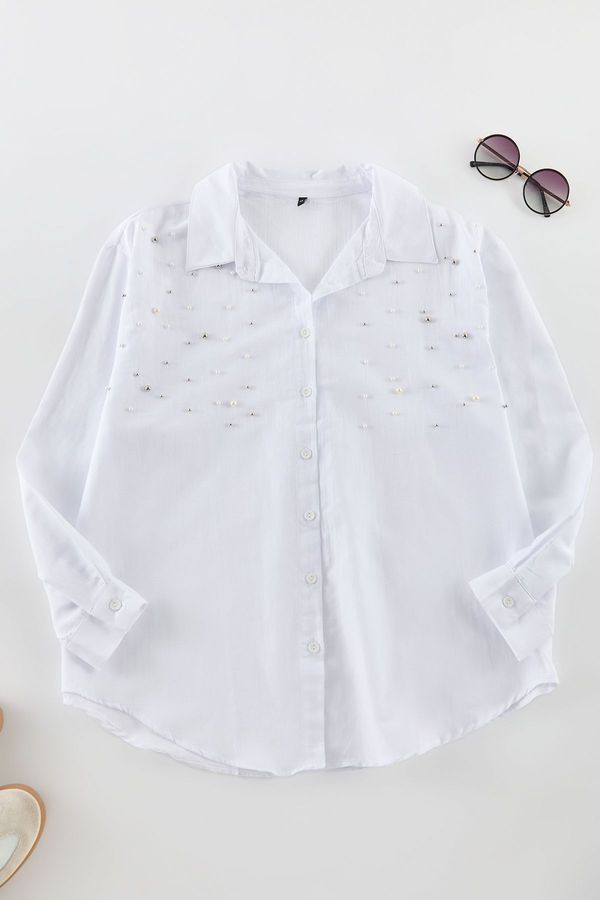 Trendyol Trendyol Curve White Large Size Stone Embroidered Poplin Woven Shirt