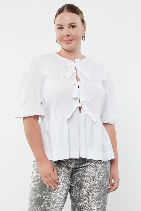 Trendyol Trendyol Curve White Women's Bow Woven Plus Size Blouse