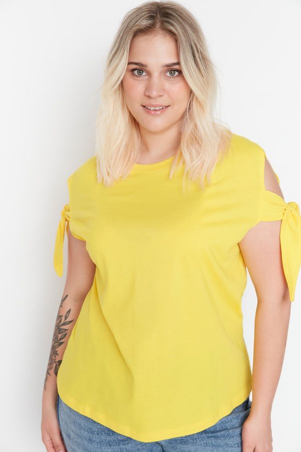 Trendyol Trendyol Curve Yellow Sleeves Tie Detail 100% Cotton Knitted T-Shirt