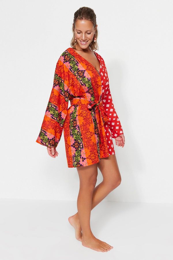 Trendyol Trendyol cvetlični vzorec pasu Mini-Weave 100% bombažna obleka za plažo