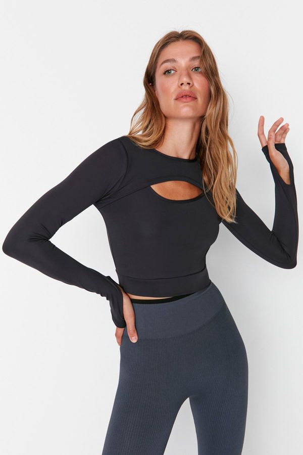 Trendyol Trendyol Dark Anthracite Crop Window/Cut Out and Thumb Hole Detail Knitted Sports Top/Blouse