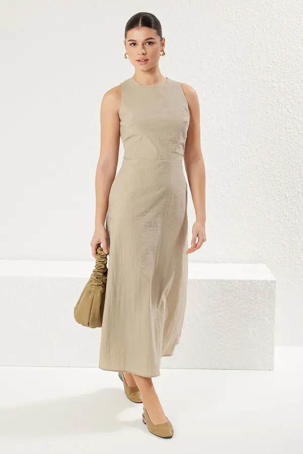 Trendyol Trendyol Dark Beige A Cut Back Detail Midi Woven Dress