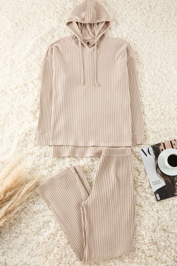 Trendyol Trendyol Dark Beige Cotton Hooded Ribbed Knitted Pajama Set