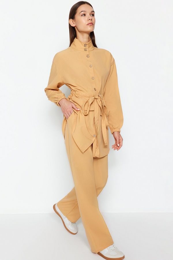 Trendyol Trendyol Dark Beige High Neck Belted Shirt-Pants Woven Suit