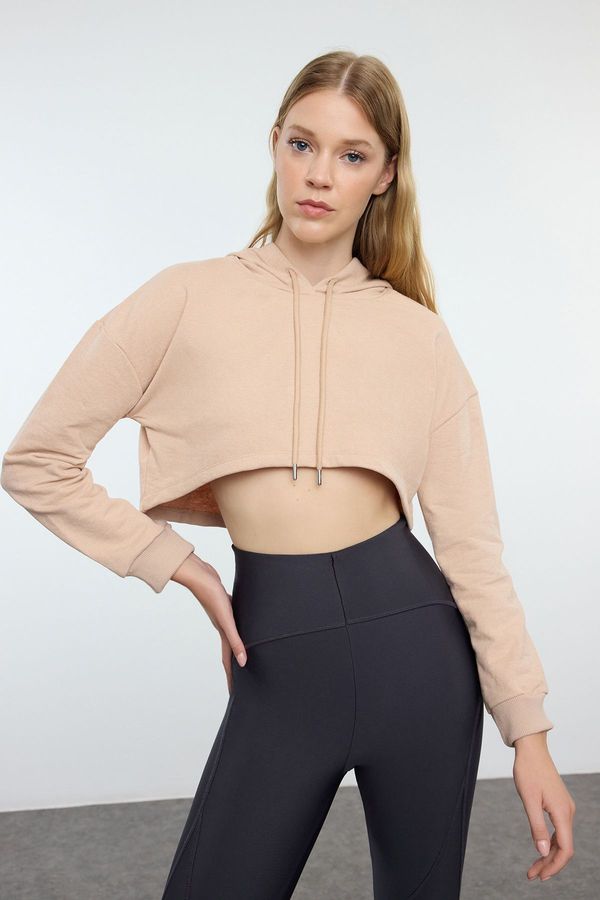 Trendyol Trendyol Dark Beige Super Crop Hooded Knitted Sports Sweatshirt