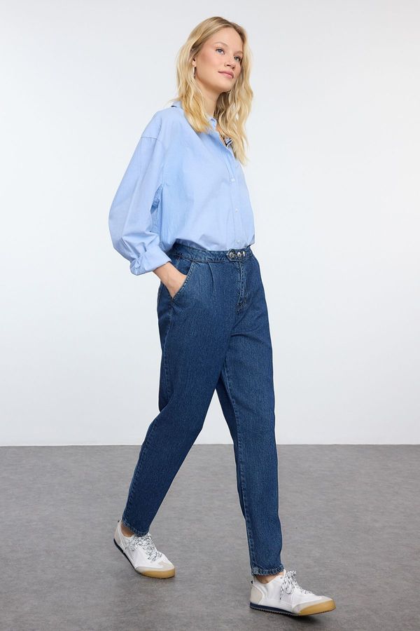 Trendyol Trendyol Dark Blue Button Detailed High Waist Mom Jeans