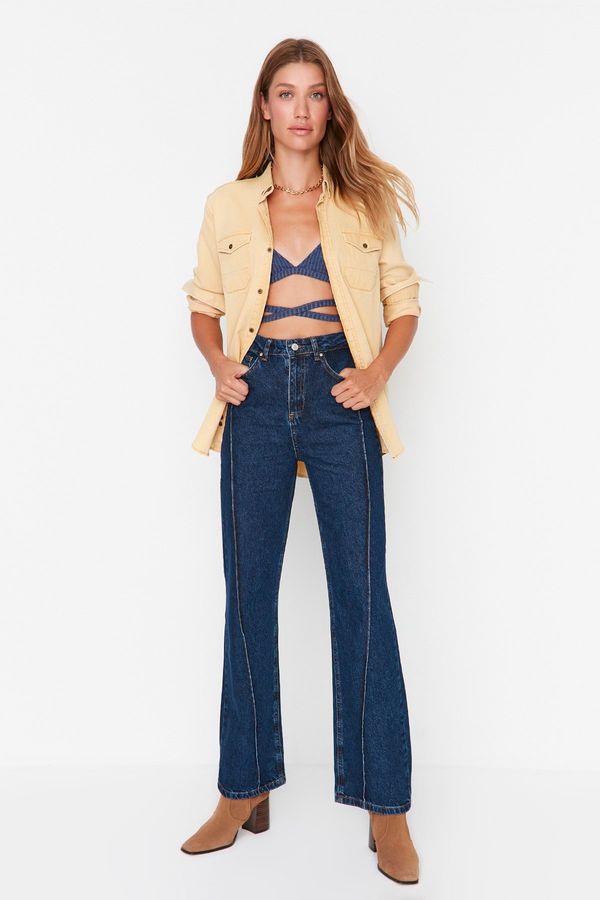 Trendyol Trendyol Dark Blue High Waist 90's Wide Leg Jeans with Stitching Detail