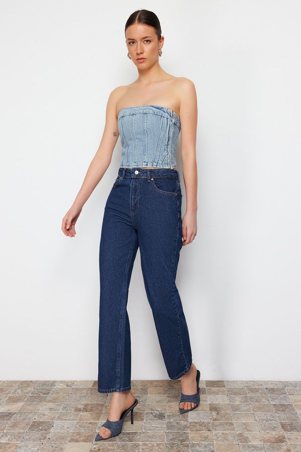 Trendyol Trendyol Dark Blue High Waist Crop Straight Jeans