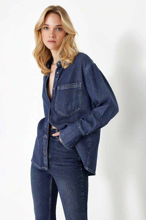 Trendyol Trendyol Dark Blue More Sustainable 100% Tencel™ Oversize Denim Shirt