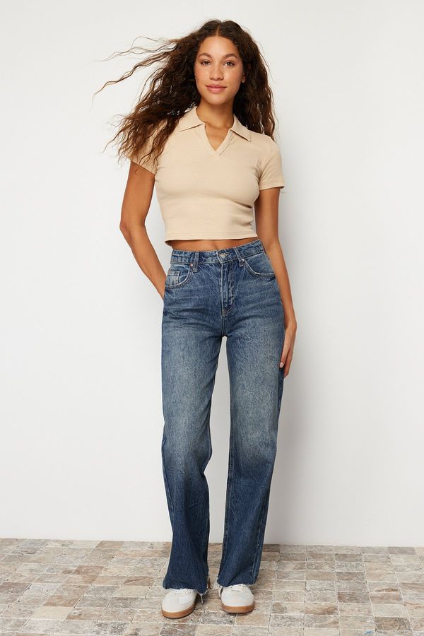 Trendyol Trendyol Dark Blue More Sustainable Detailed High Waist Wide Leg Jeans