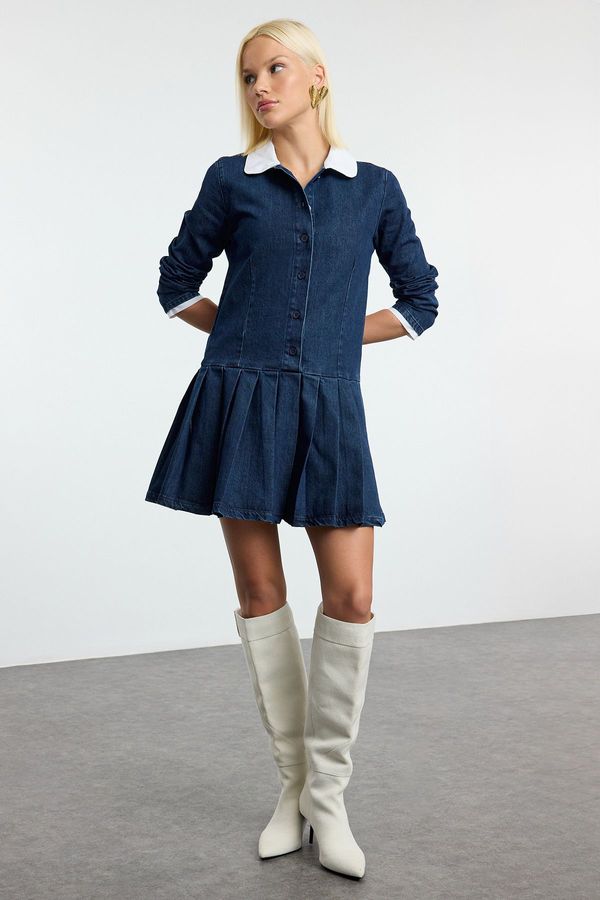 Trendyol Trendyol Dark Blue Pleated Mini Denim Dress