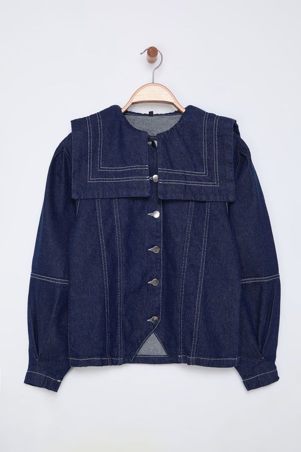 Trendyol Trendyol Dark Blue Sailor Collar Detail Contrast Stitching Denim Shirt Jacket