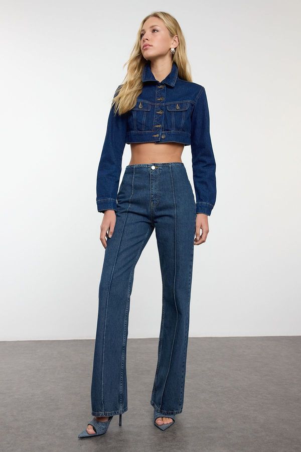 Trendyol Trendyol Dark Blue Stitch Detail High Waist Wide Leg Jeans