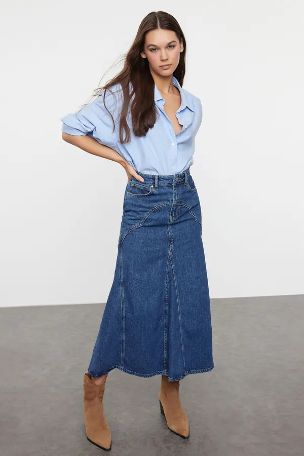 Trendyol Trendyol Dark Blue Stitch Detailed Maxi Denim Skirt