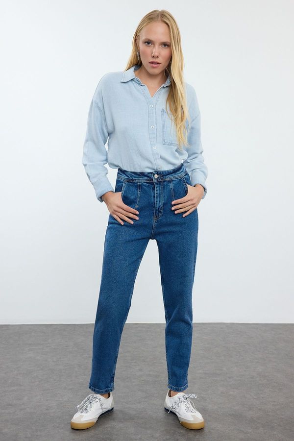 Trendyol Trendyol Dark Blue Stitching Detailed High Waist Comfort Mom Jeans