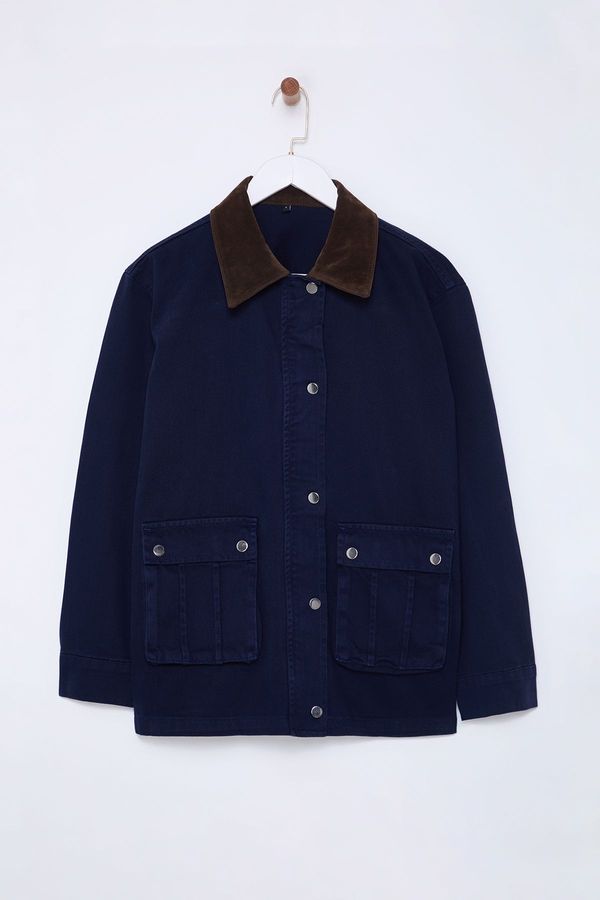 Trendyol Trendyol Dark Blue Suede Collar Oversize Denim Jacket